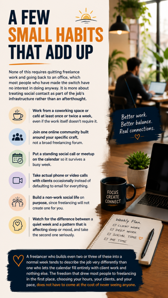 An infographic sharing six small, practical habits, like working from a coworking space occasionally, joining a craft-specific community, and scheduling standing social calls, that help a freelancer stay socially connected and avoid the isolation that often comes with working alone.