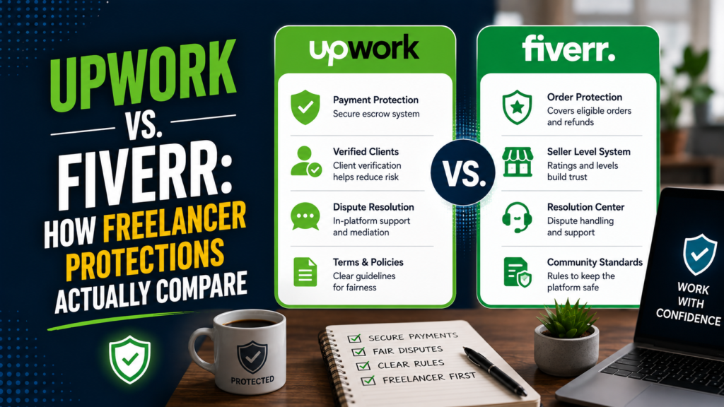 Comparison graphic showing how Upwork and Fiverr freelancer protections differ