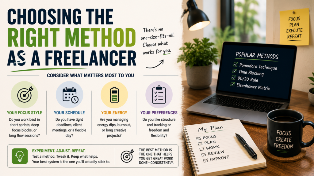 Infographic helping a freelancer choose the right productivity method based on focus style, schedule, energy, and preferences