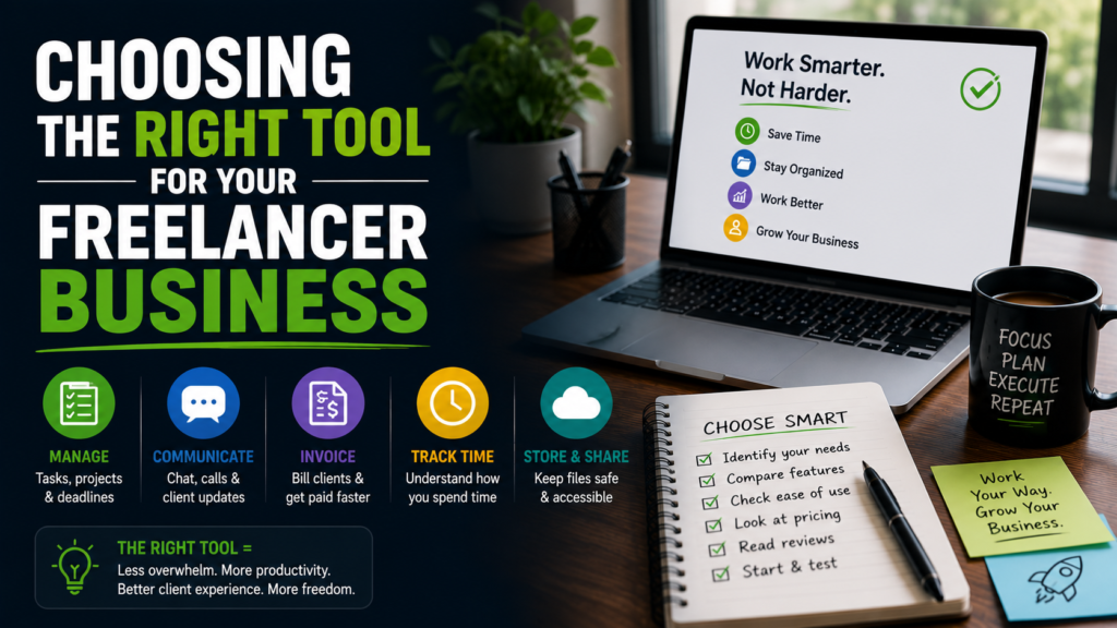 Infographic showing how a freelancer can choose the right business tool by managing tasks, communication, invoicing, time tracking, and file storage