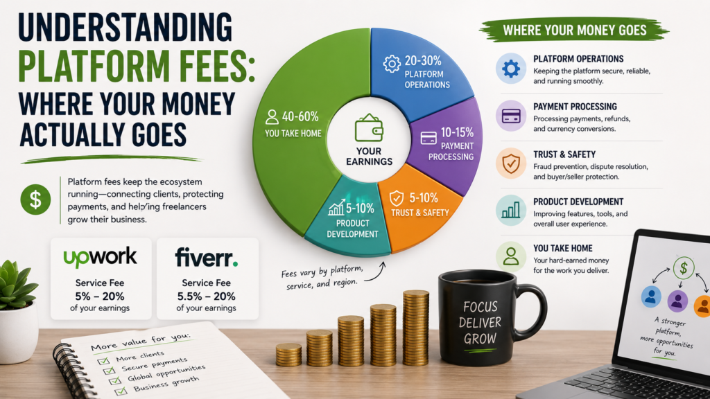 Freelancer Platform Fees: 7 Real Costs Eating Into Your Money in 2026 Freelancer platform fee breakdown showing where earnings go across Upwork and Fiverr commissions