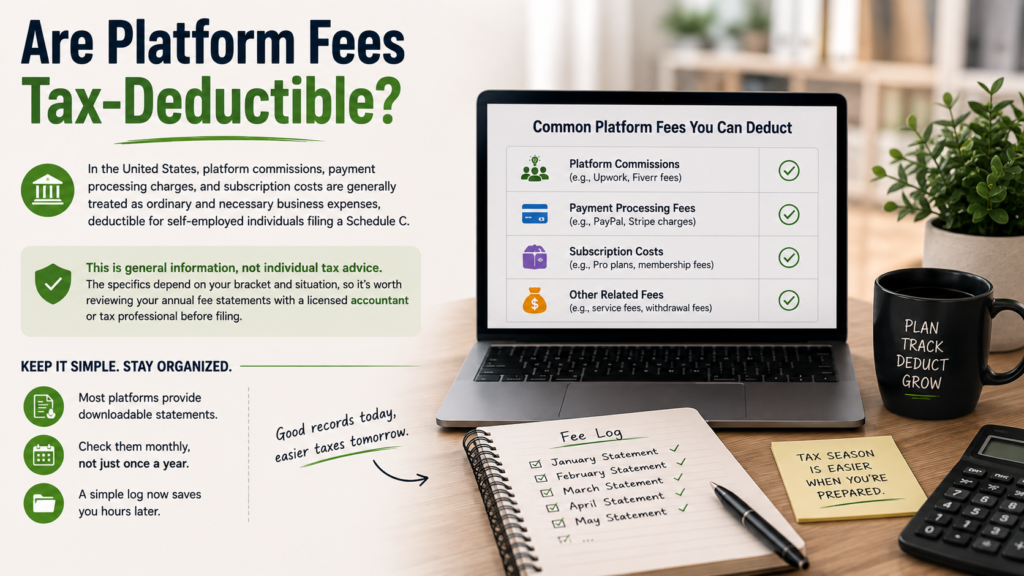 Infographic listing common platform fees a freelancer can deduct, including commissions, payment processing, and subscription costs