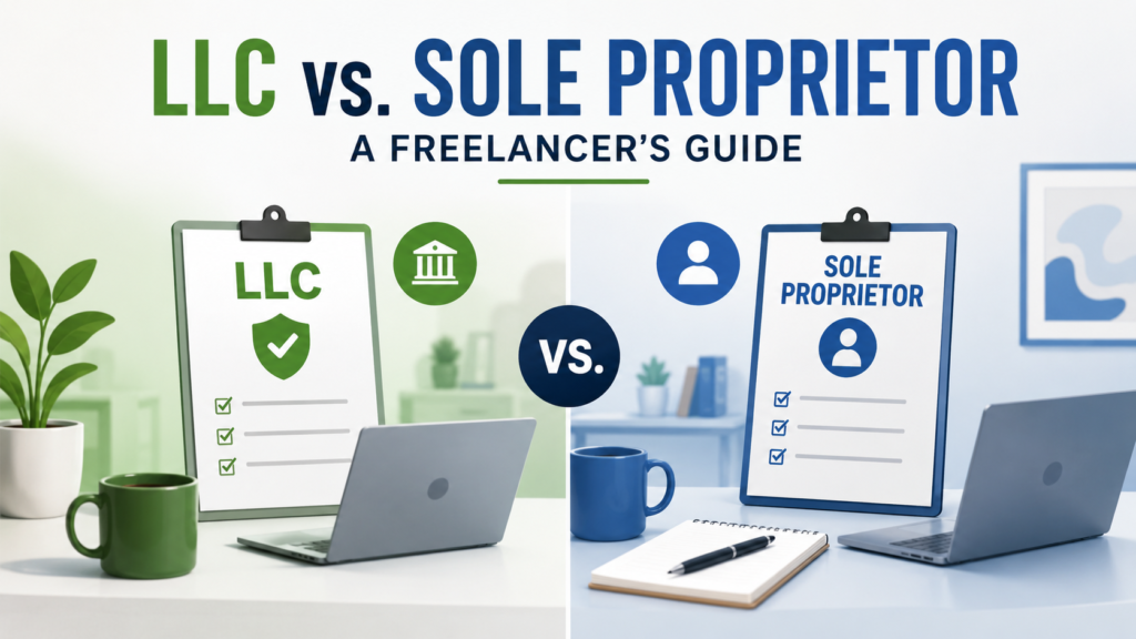 Infographic comparing LLC and Sole Proprietorship for freelancers, showing two side-by-side desk setups with laptops, checklists, and clipboards labeled "LLC" and "Sole Proprietor."