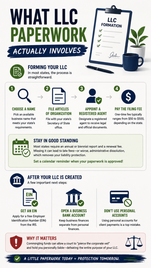 Infographic titled "What LLC Paperwork Actually Involves," outlining four steps to form an LLC — choose a name, file articles of organization, appoint a registered agent, and pay the filing fee — along with guidance on staying in good standing and next steps after formation, including getting an EIN and opening a business bank account.