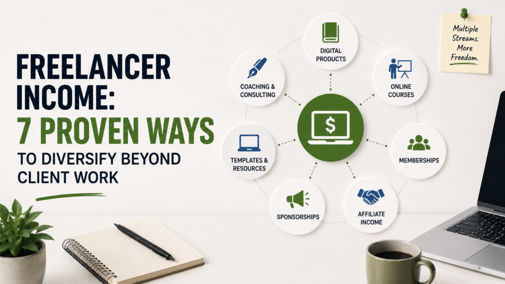Freelancer Income: 7 Proven Ways to Diversify Beyond Client Work Freelancer income diversification graphic showing 7 revenue streams beyond client work