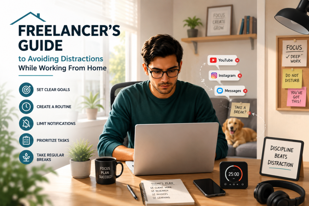 Freelancer Focus: 9 Proven Ways to Beat Distractions at Home Freelancer working at a laptop with icons showing tips to avoid distractions while working from home