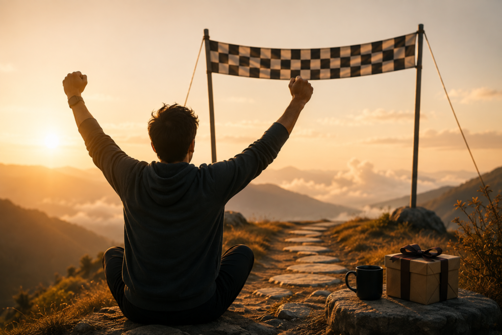 Freelancer celebrating at a finish line after completing a focused work session