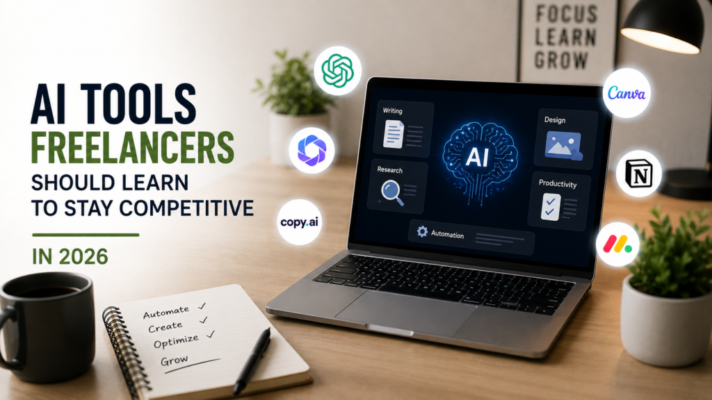 Freelancer Alert: 7 Essential AI Tools to Stay Competitive in 2026 Freelancer using AI tools on a laptop to manage client work in 2026