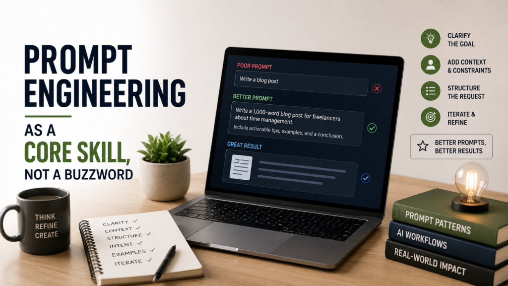 Freelancer editing AI-generated content and design drafts on a computer