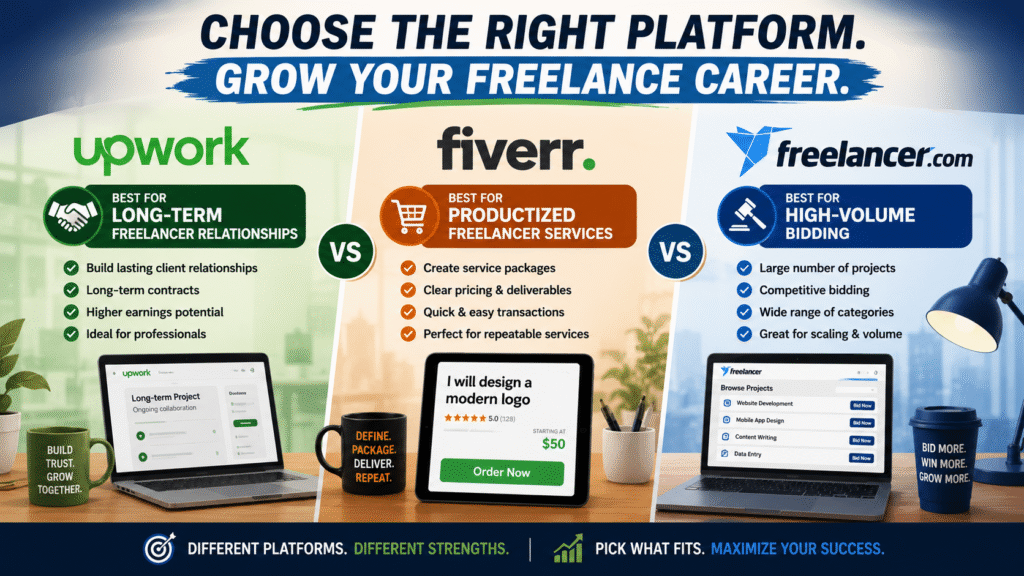 Vector illustration comparing Upwork, Fiverr, and Freelancer.com for different freelance careers.