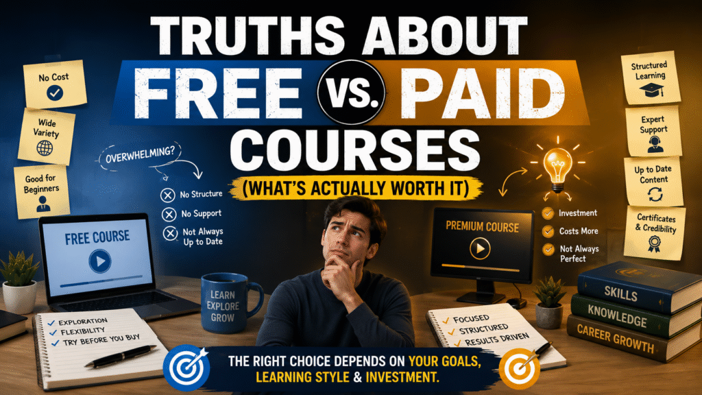 Vector illustration comparing free and paid online courses, highlighting their benefits, drawbacks, and learning outcomes.