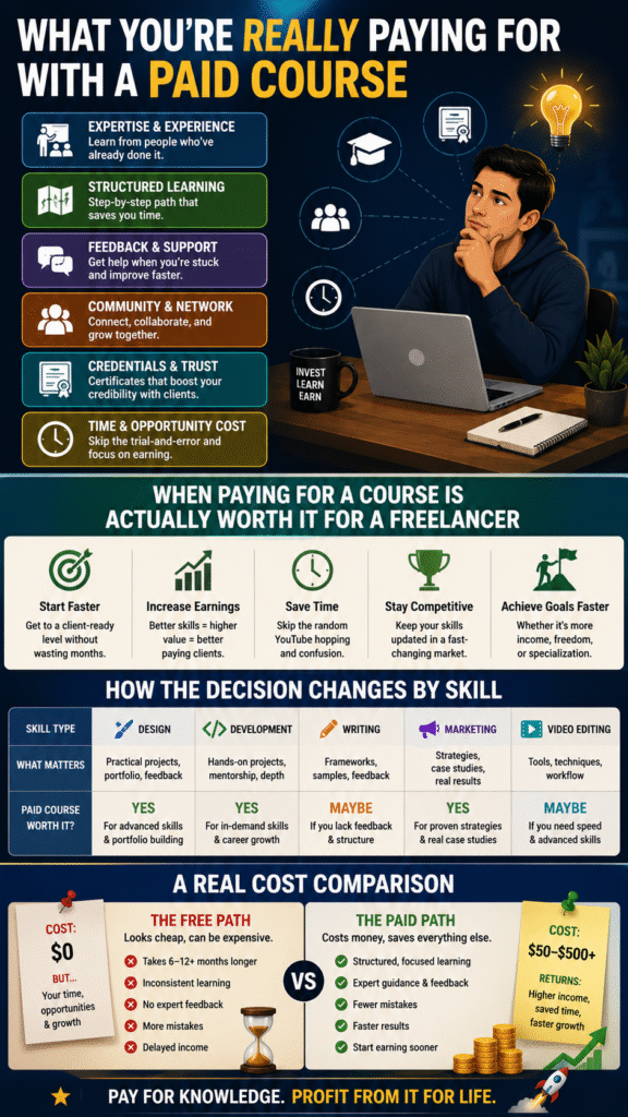 Vector infographic explaining what freelancers gain from paid courses, when they're worth the investment, how the decision varies by skill, and a cost comparison between free and paid learning paths.