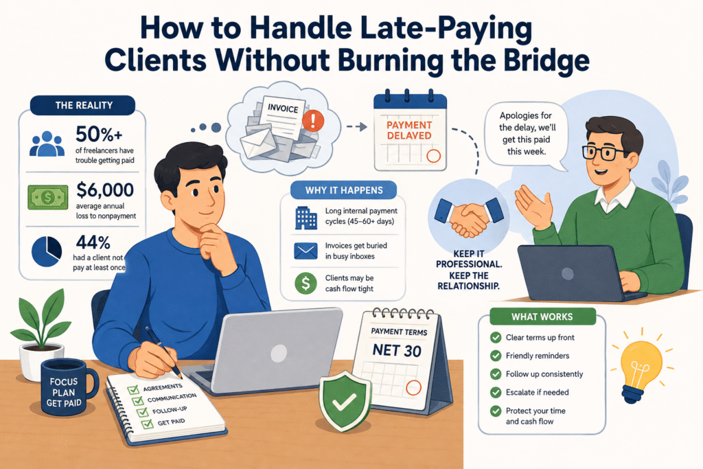 freelancer reviewing an overdue invoice on a laptop