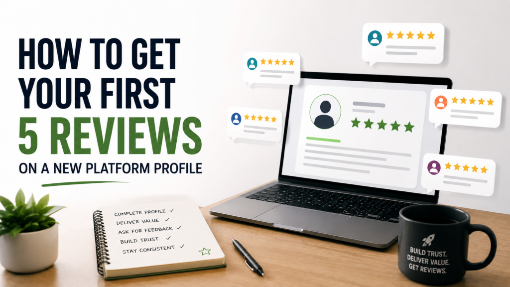 Freelancer profile page with star reviews building up on a new platform