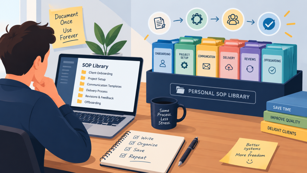 Freelancer organizing a personal SOP library with color-coded folders for onboarding, delivery, and offboarding
