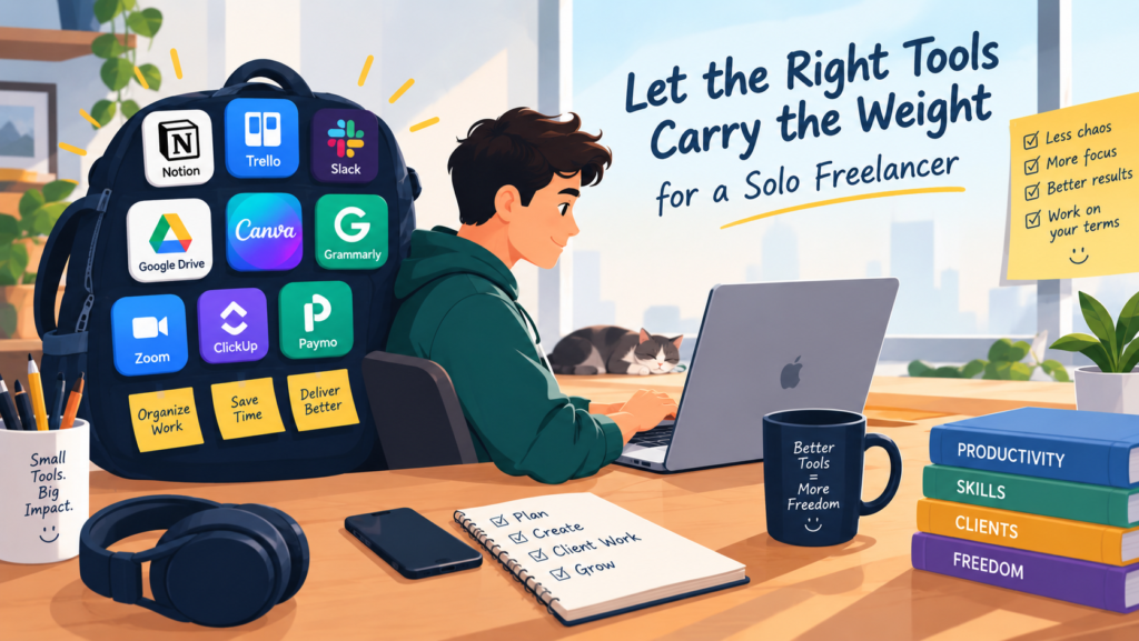 Freelancer working on a laptop with icons for Notion, Trello, Slack, Google Drive, Canva, and other tools that support an SOP library