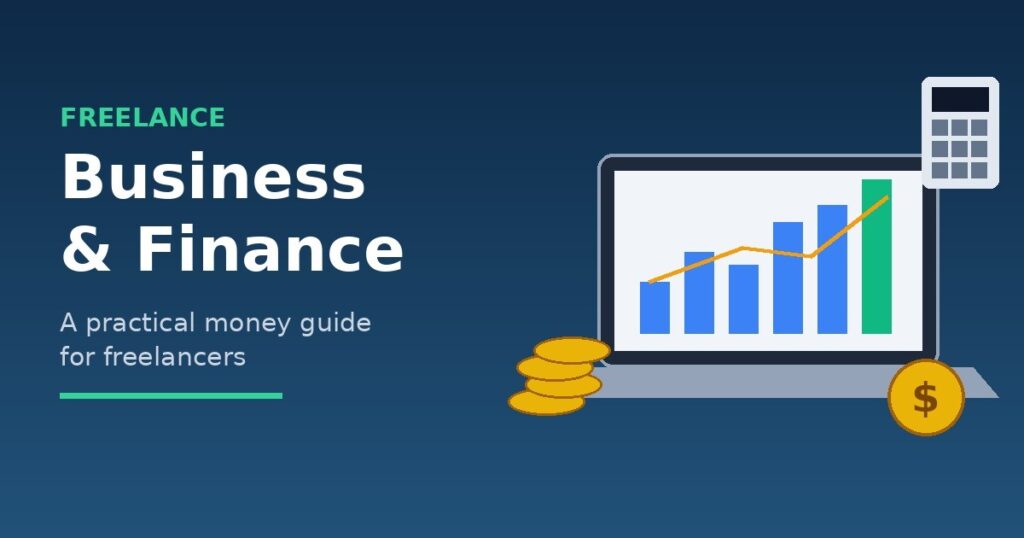 Freelance business finance tips cover with laptop, growth chart and coins