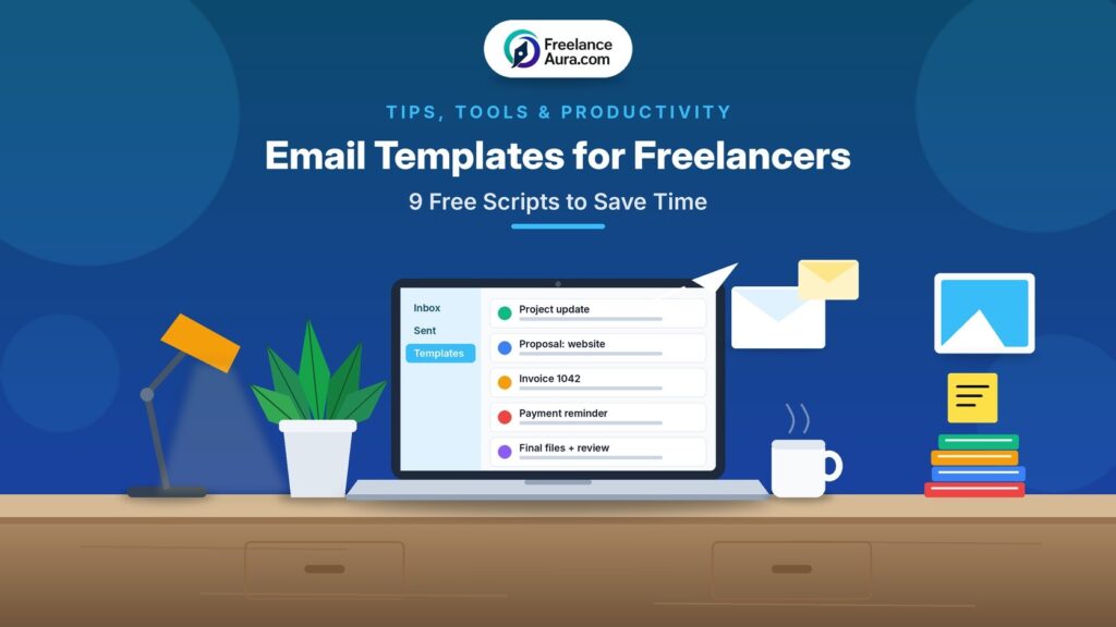 Email Templates for Freelancers: 9 Free Scripts to Save Time Email templates for freelancers cover with a laptop inbox and envelope icons