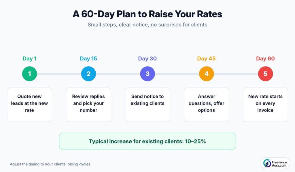 Timeline showing how to raise your freelance rates in five steps over 60 days