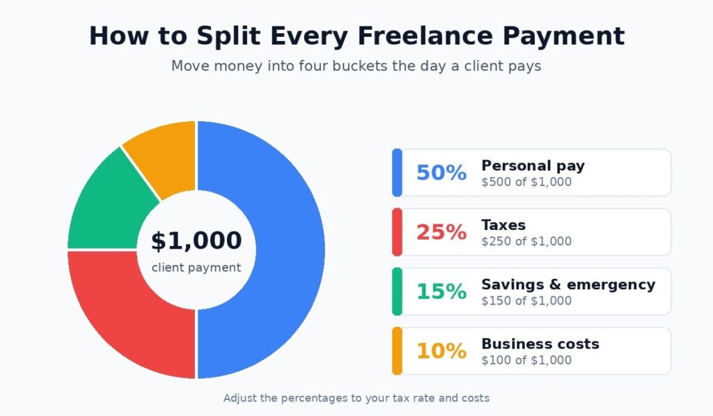 Freelance business finance bucket method showing how to split each client payment