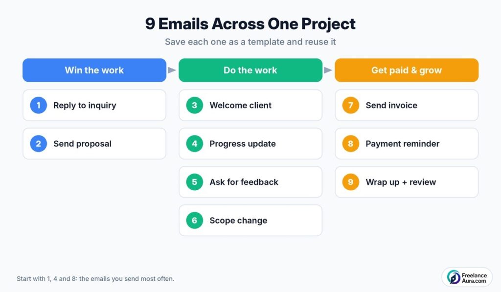 Email templates for freelancers mapped across a project from first inquiry to review request