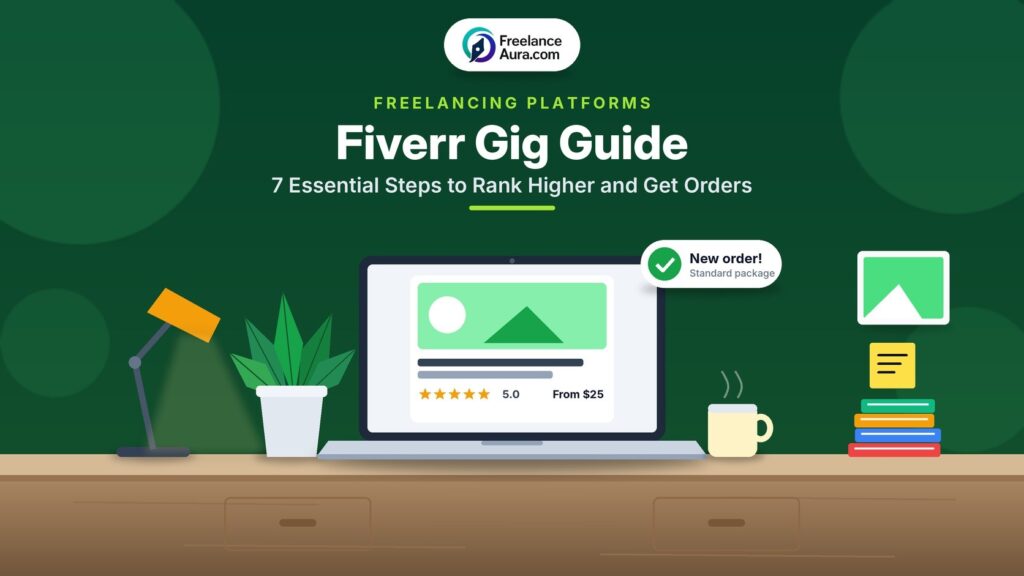 Fiverr gig guide cover with a laptop showing a gig card, star rating and order notification
