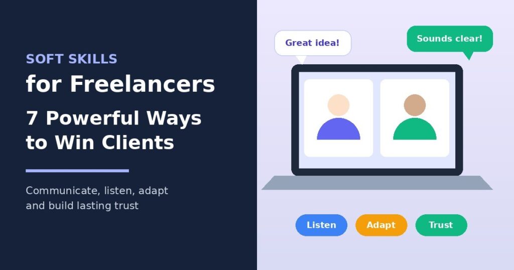 Soft skills for freelancers cover with a freelancer on a video call and skill icons