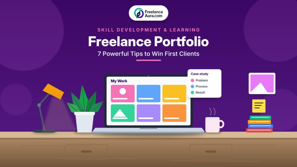 Freelance portfolio tips cover with a laptop showing a grid of project cards