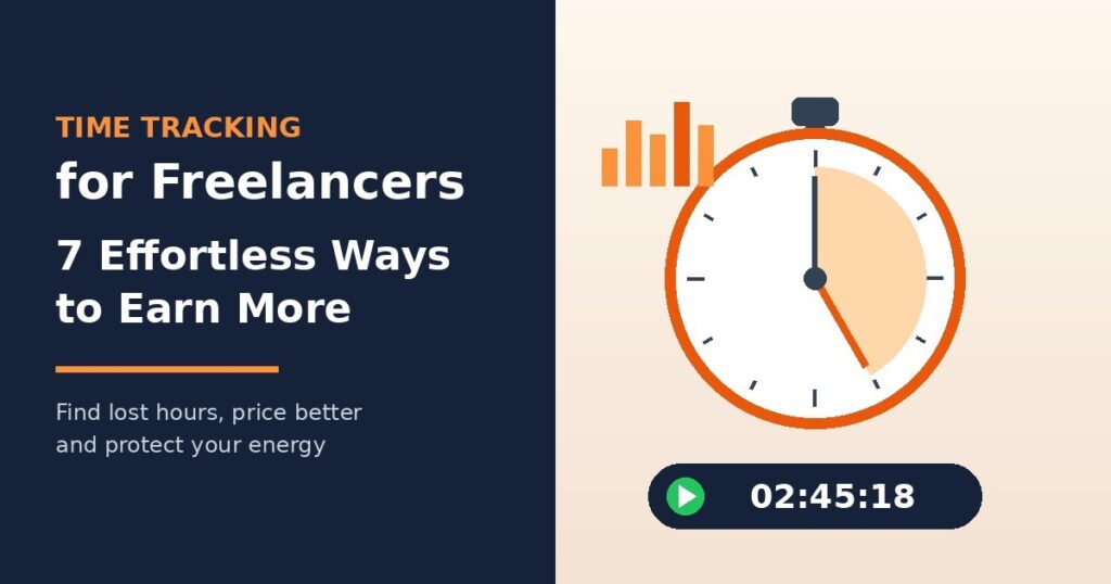 Time tracking for freelancers cover with a stopwatch, laptop timer and weekly hours chart