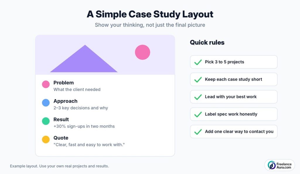 Freelance portfolio case study layout with problem, process, result and client quote