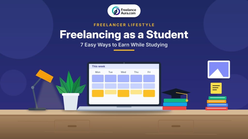 Freelancing as a Student: 7 Easy Ways to Earn While Studying Freelancing as a student cover with a laptop, books and a graduation cap on a study desk