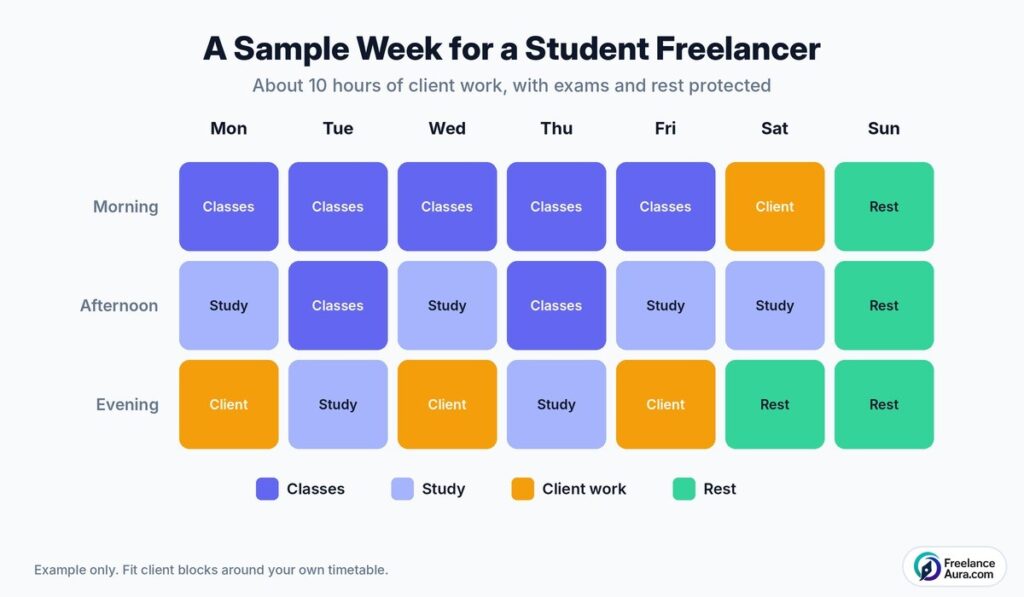 Weekly plan for freelancing as a student showing classes, study time and client work blocks