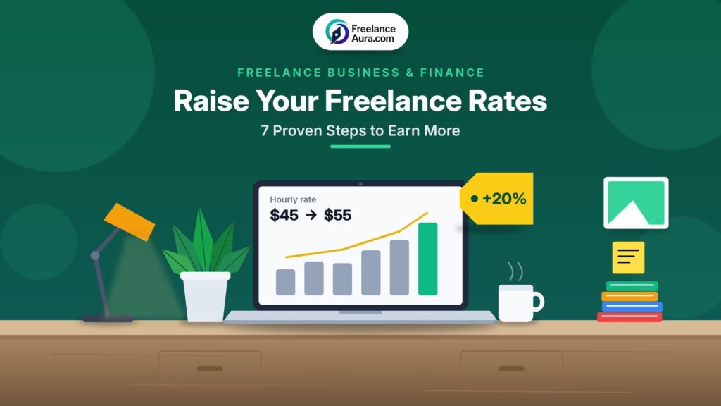 Raise your freelance rates cover with a laptop showing a rising price chart and a price tag
